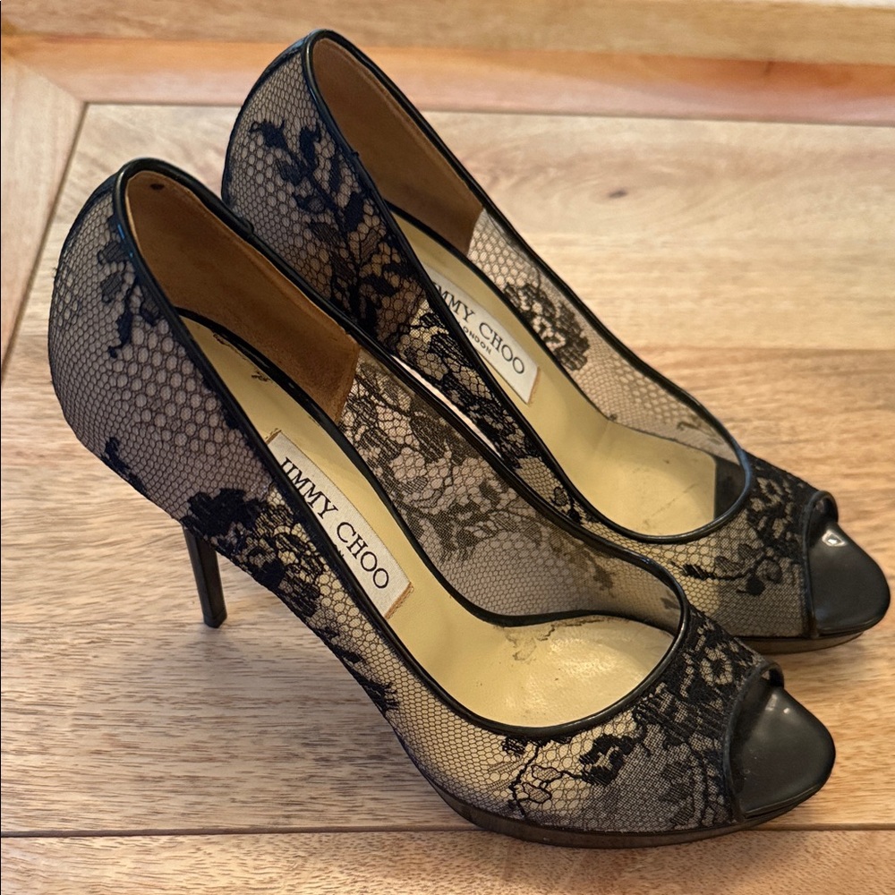 Jimmy Choo Black Lace Peep Toe Heels